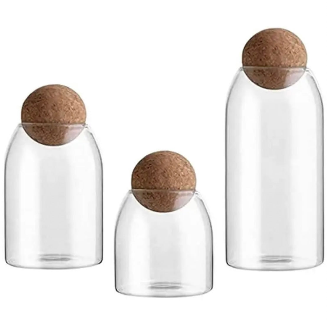 3 Glass Jars with Cork Ball Lid