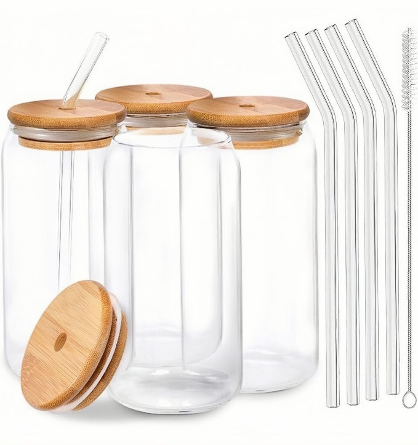 4 piece Glass with Bamboo lid & Glass Straw