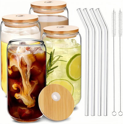 4 piece Glass with Bamboo lid & Glass Straw